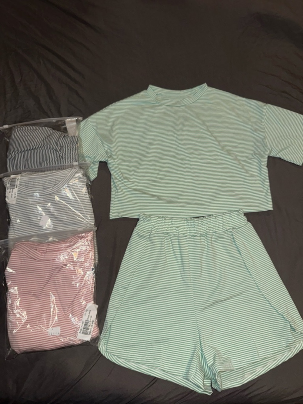 4 set cropped sleep wear, never worn. (Green, gray, pink, and black)